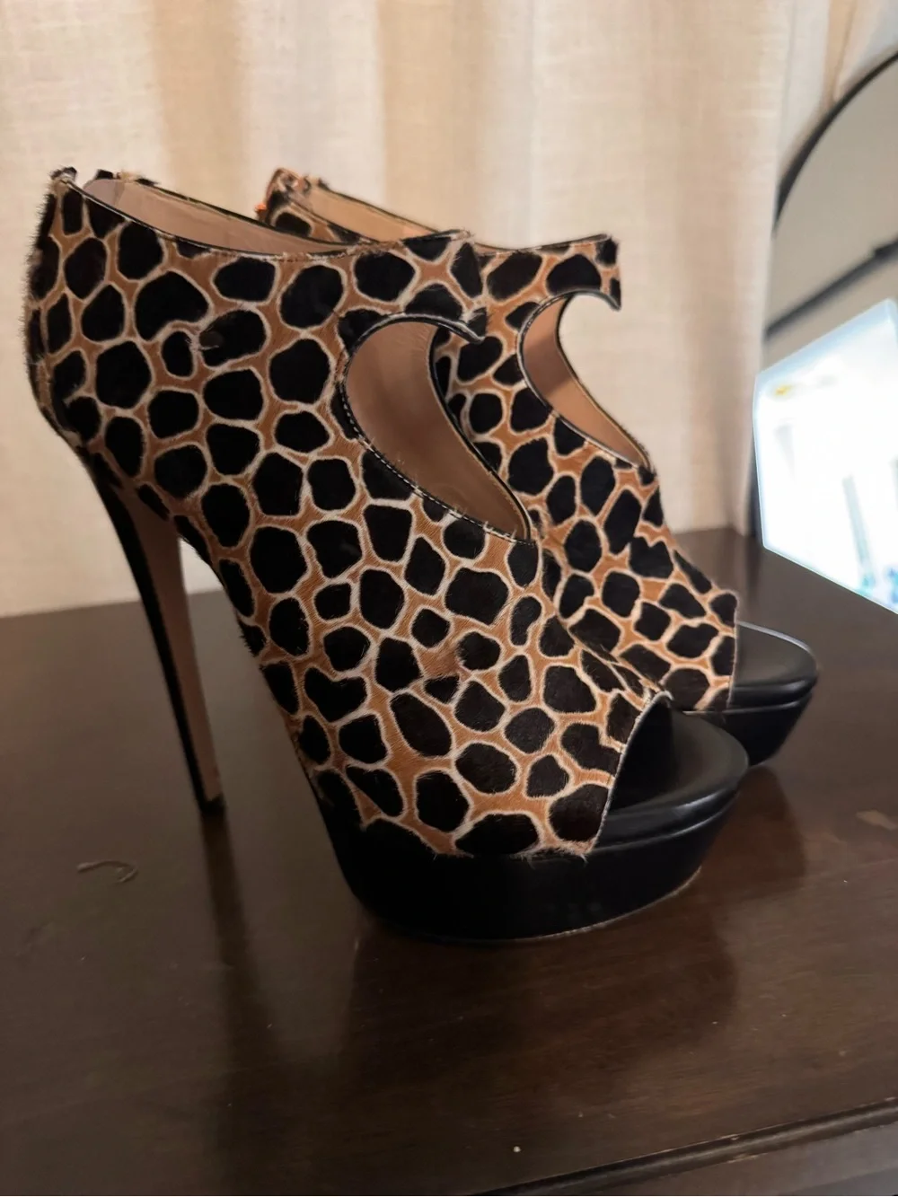 Ruthie Davis Giraffe-Print Tan and Black Peep-Toe Platform Heels